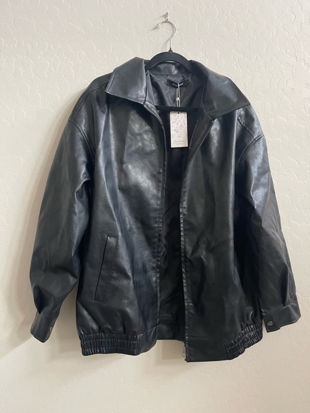 Women's Black Faux Leather Bomber Jacket - Classic Zip Front